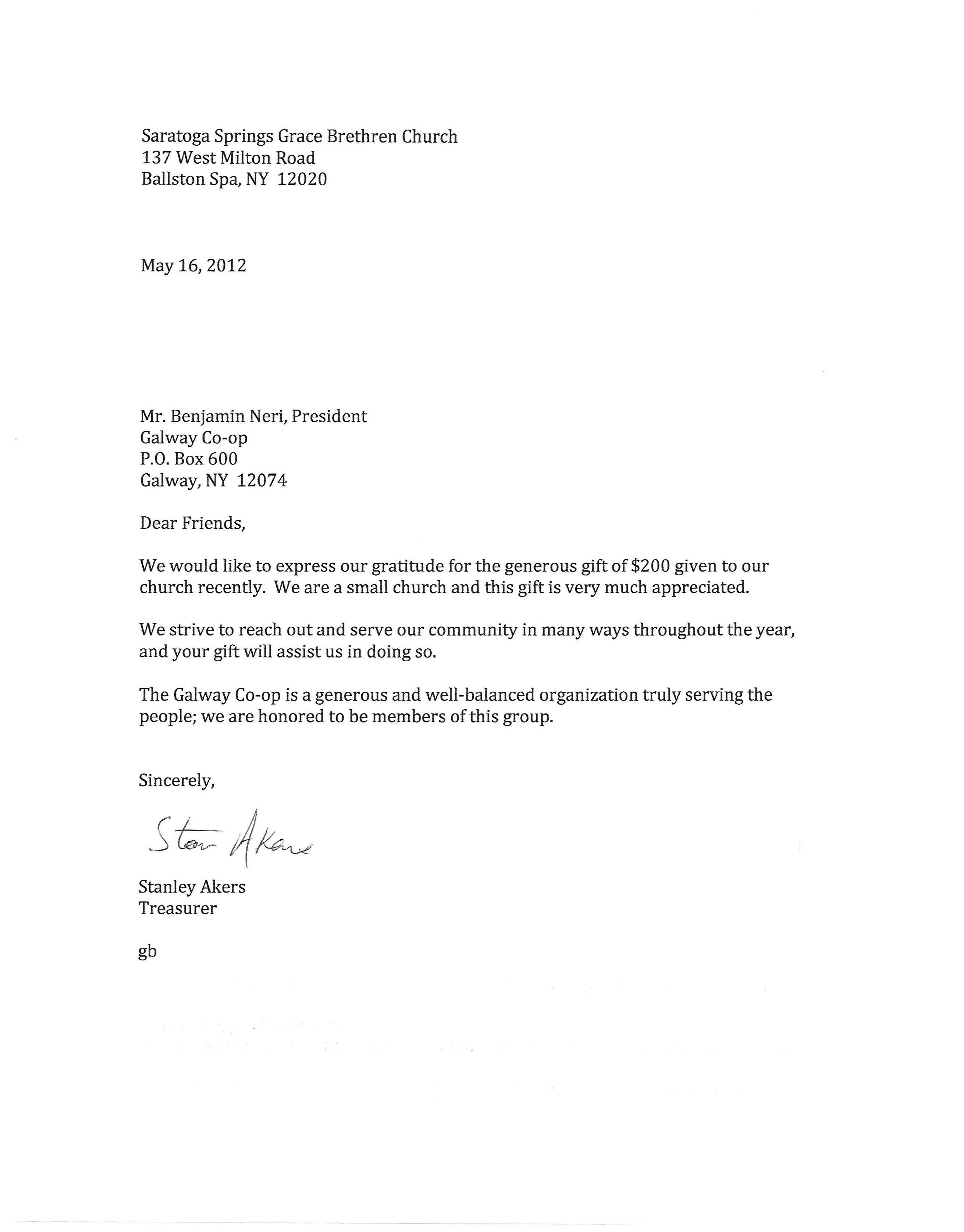 Saratoga Springs Grace Brethren Donation Letter